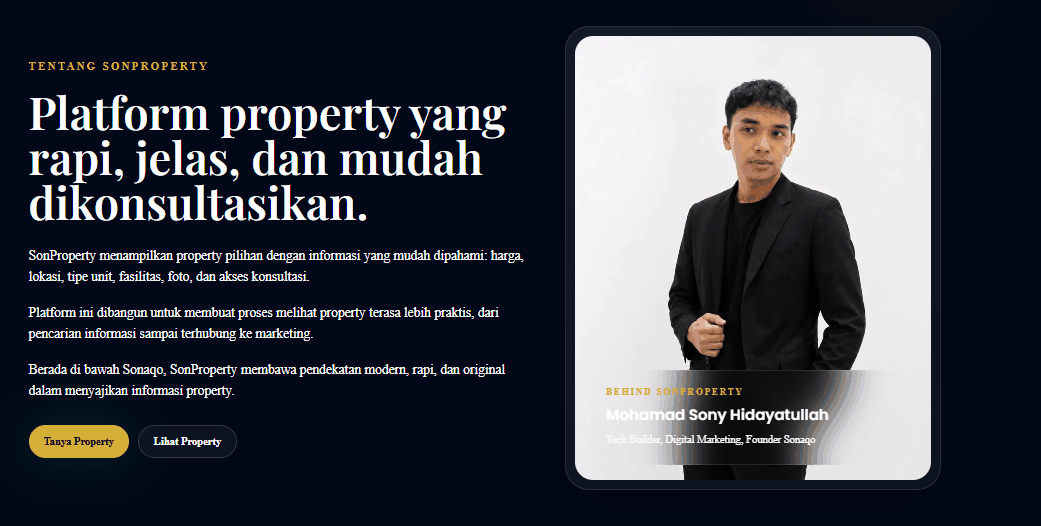 Section tentang Sonproperty.id dengan profil founder