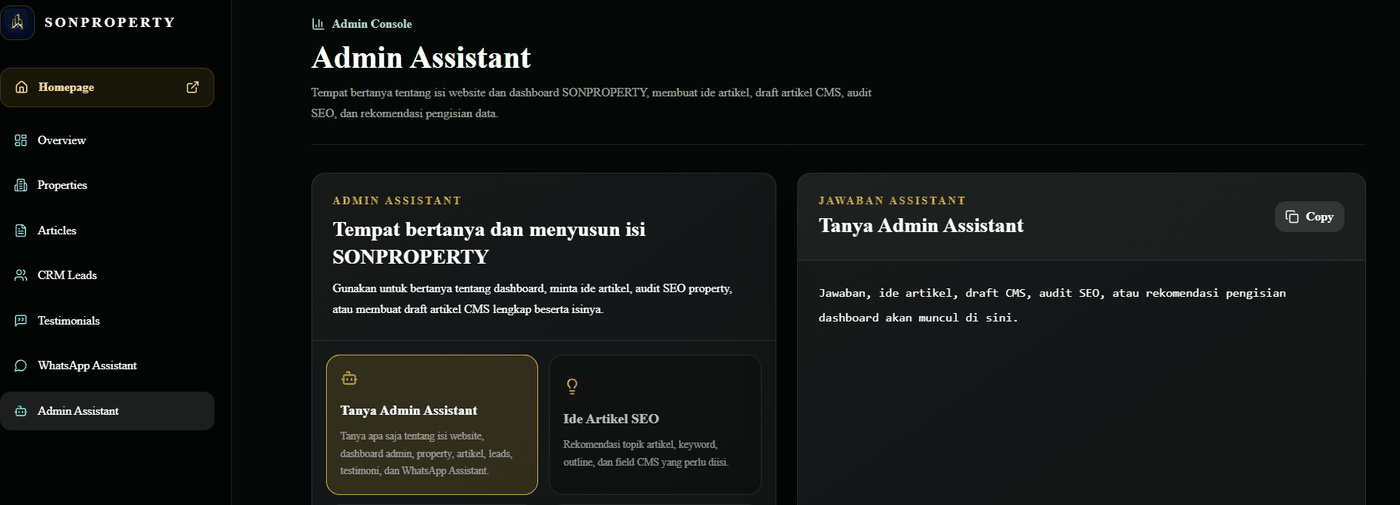Admin AI Assistant dashboard Sonproperty.id