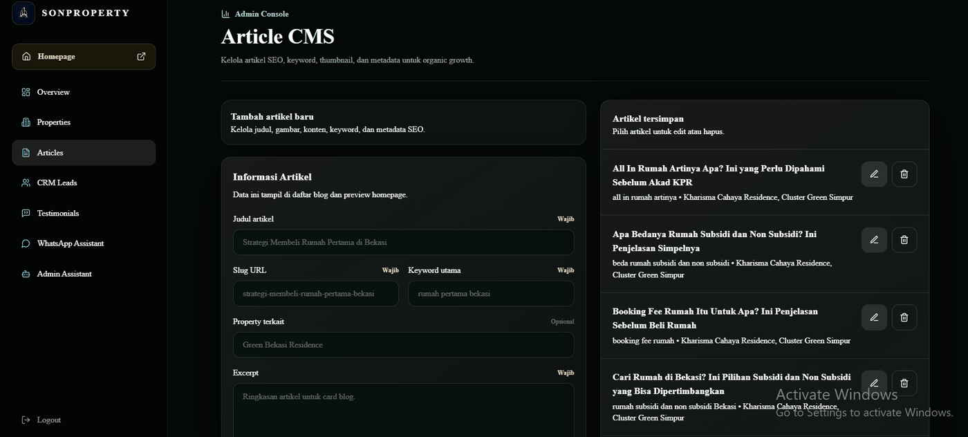 Article CMS dashboard Sonproperty.id