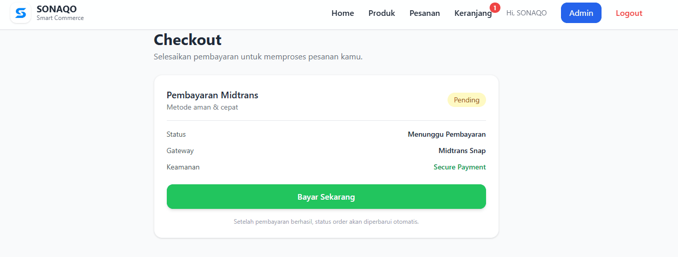 Tampilan checkout SONAQO Shop
