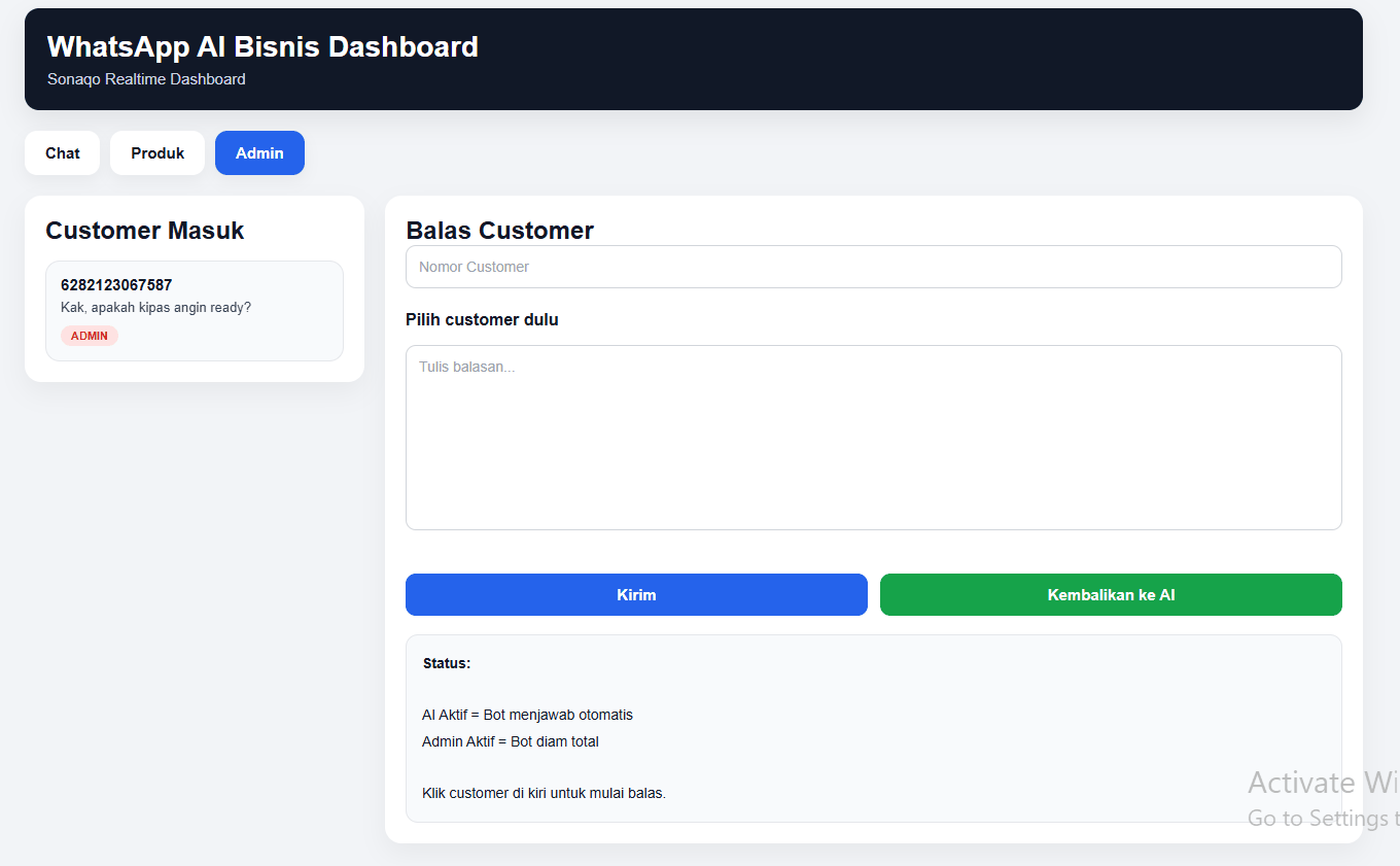 Dashboard admin WhatsApp AI Bisnis untuk membalas customer dan mengembalikan chat ke AI