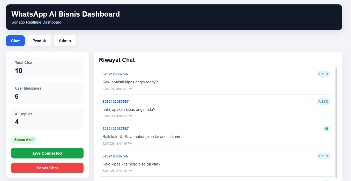 Tampilan riwayat chat WhatsApp AI Bisnis