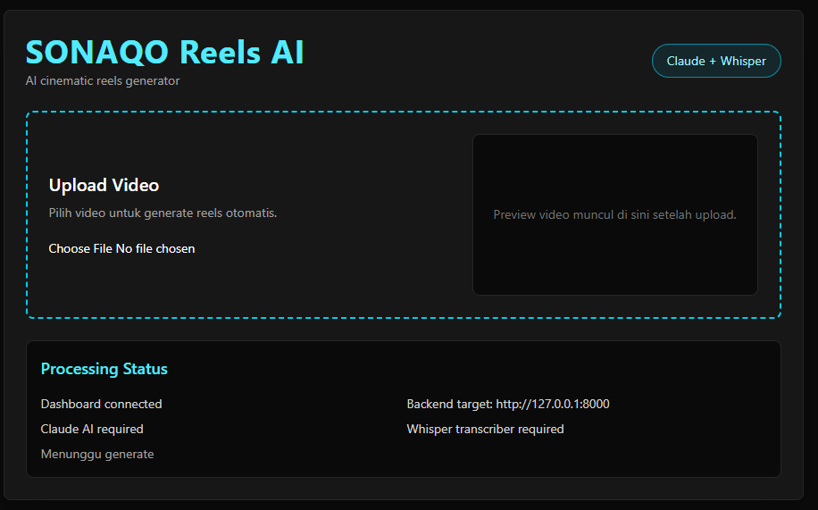 Area upload video dan processing status SONAQO Reels AI