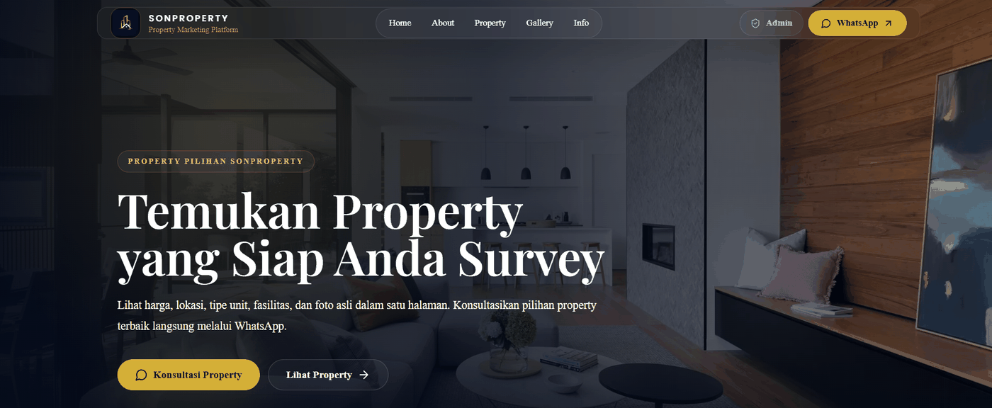 Homepage Sonproperty.id dengan hero dan CTA konsultasi property