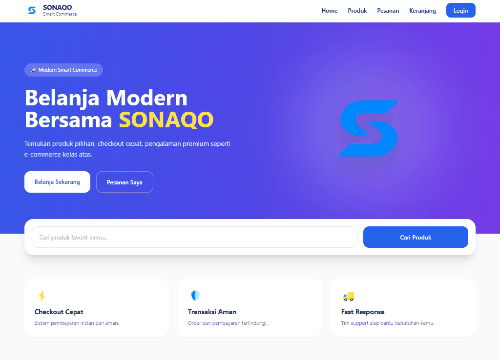 Dashboard user SONAQO Shop dengan hero modern smart commerce