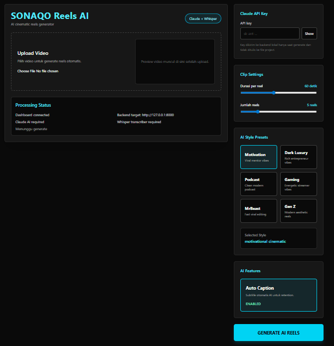 Dashboard SONAQO Reels AI