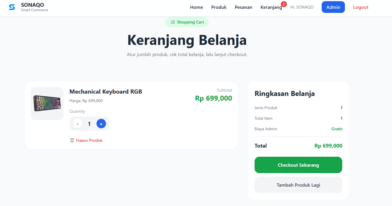Keranjang belanja SONAQO Shop dengan quantity, subtotal, dan checkout