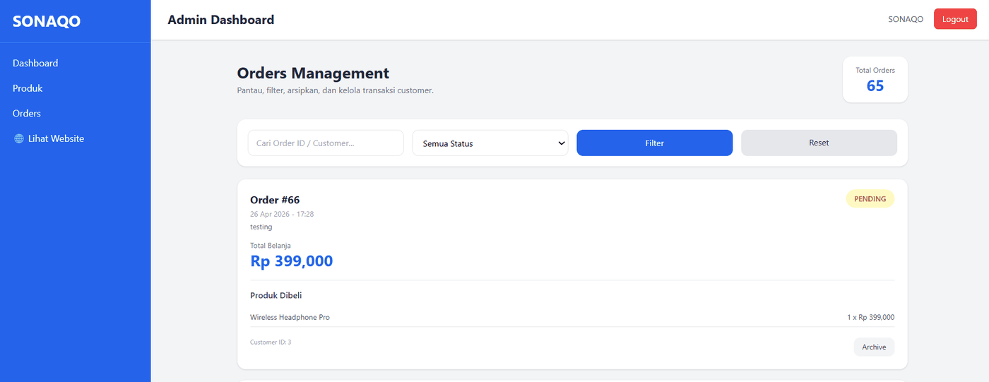 Orders management admin SONAQO Shop dengan filter, status, dan archive order