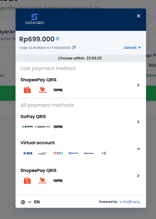 Payment gateway Midtrans untuk pembayaran SONAQO Shop