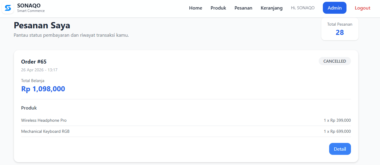 Halaman pesanan user SONAQO Shop dengan status order dan total belanja