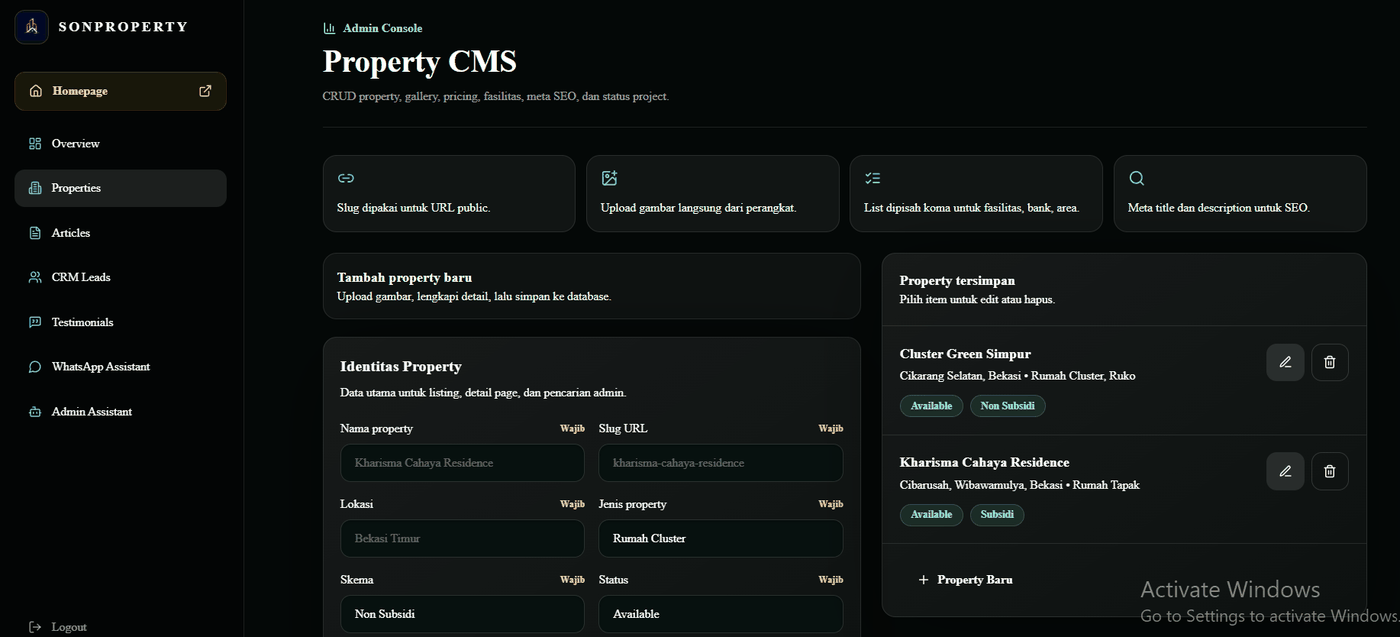 Property CMS dashboard admin Sonproperty.id