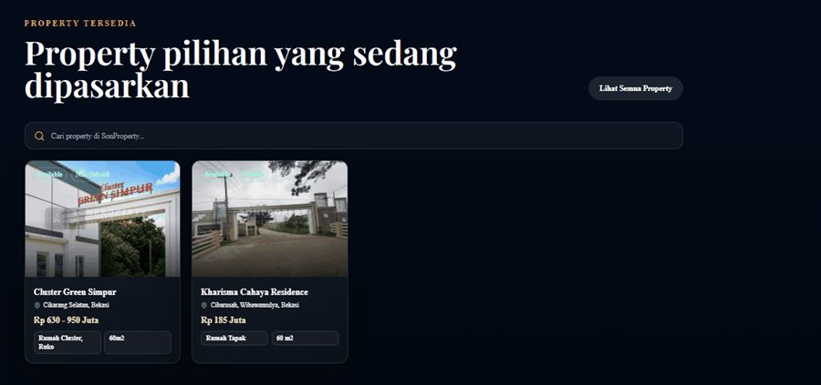Tampilan daftar property tersedia Sonproperty.id