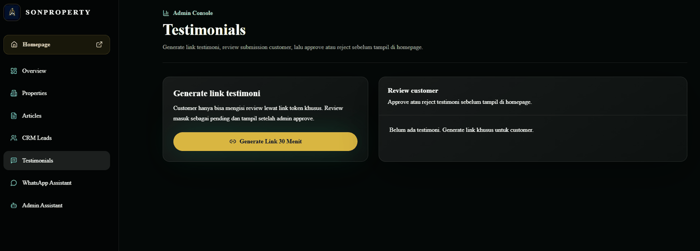 Testimonials dashboard admin Sonproperty.id