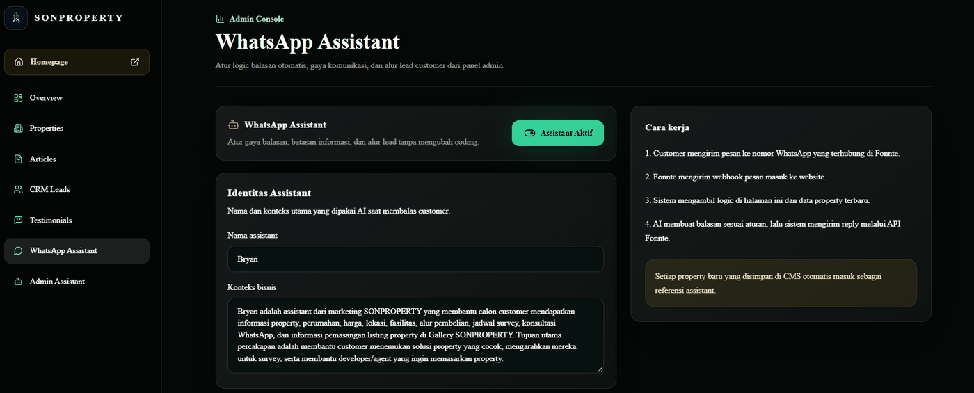 WhatsApp Assistant dashboard admin Sonproperty.id